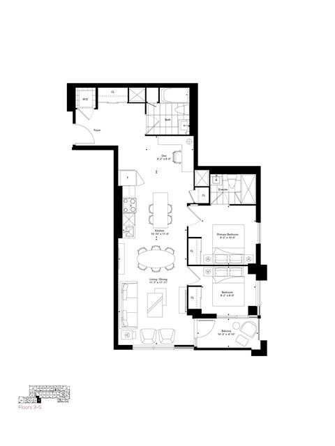 Floor plan for 2 beds, 2 baths, 964 sqft